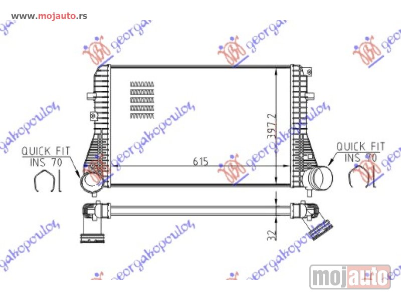 Glavna slika -  HLADNJAK INTERKULERA BENZIN/DIZEL (61.5x40.5x32) CEV 70 Vw golf plus 04-09 -dostupno - MojAuto